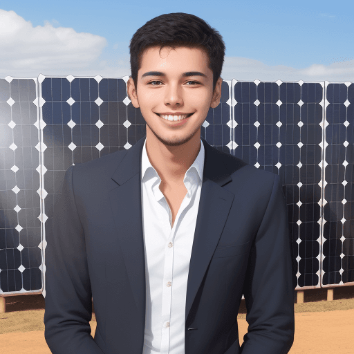 AI generated: The young handsome entrepreneur smiling and standing in front of solar panels that he has built
