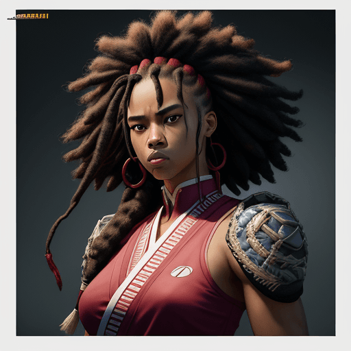 AI generated: Portrait of Afro Jack Samurai as a masculine presenting woman with shoulder length dreadlocks, make ...