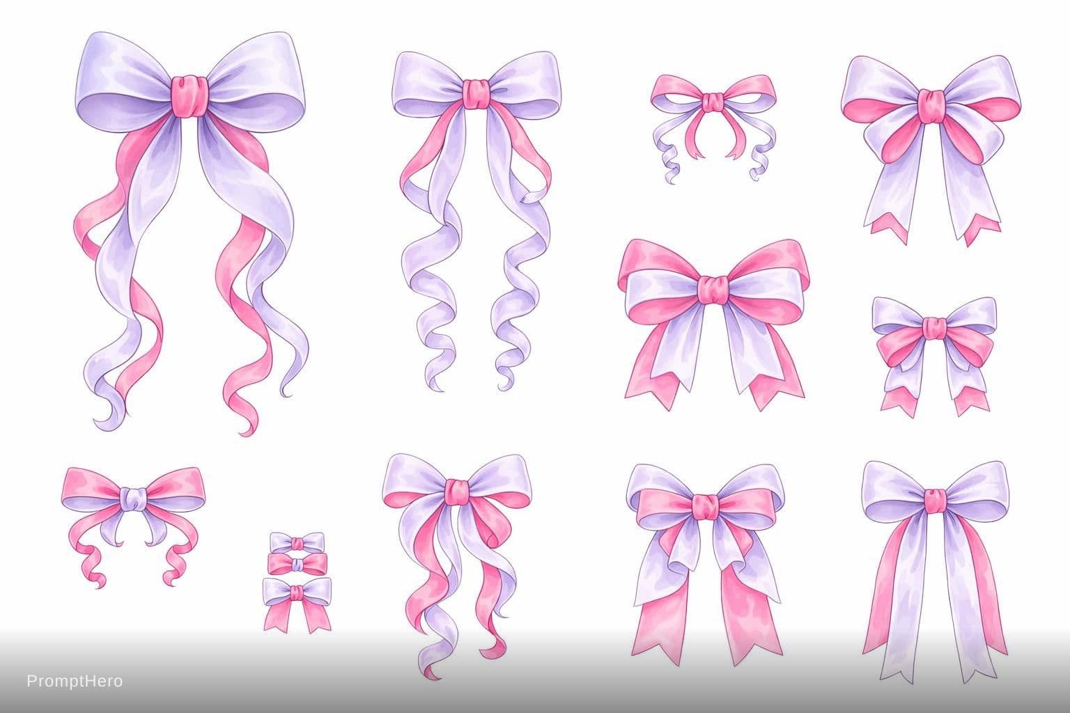 AI generated: Premium bows clipart 10 designs, thin linework + fills TWO colors: soft lavender pink (#E0BBE4) main...