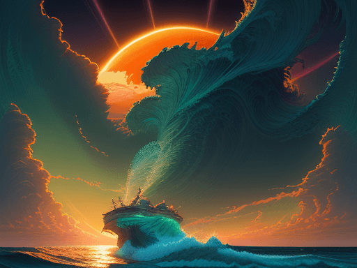AI generated: sun rising just above the horizon over the sea by dan mumford and tim hildebrandt and donato giancol...