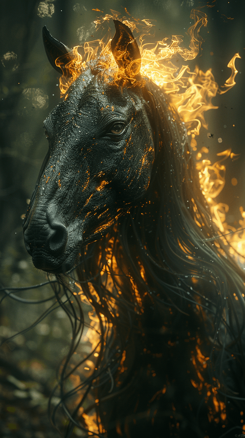 AI generated: brazilian folklore headless mule with a flaming neck, super-detailed hypermaximalist cinematography,...