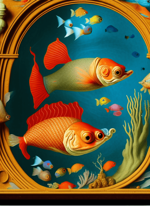 AI generated: an 8k image in the style of Jan van eyck of a fish that is part bird and of a bird that is part fish...