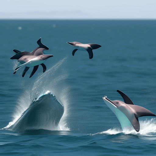 AI generated: DELFINES AZULES EN EL MAR ABIERTO, AVES volando sobre los botes
