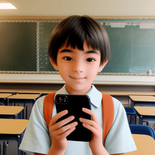 AI generated: low quality image of a grade schooler holding a smartphone
