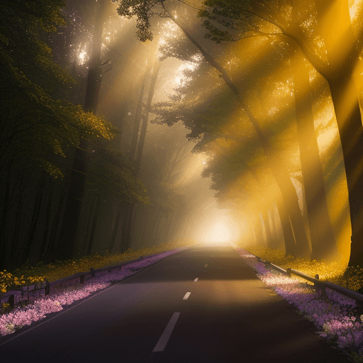 AI generated:  A dimly lit road in the middle of huge vibrant, lush trees , sweet spring flowers, a thin foggy day...