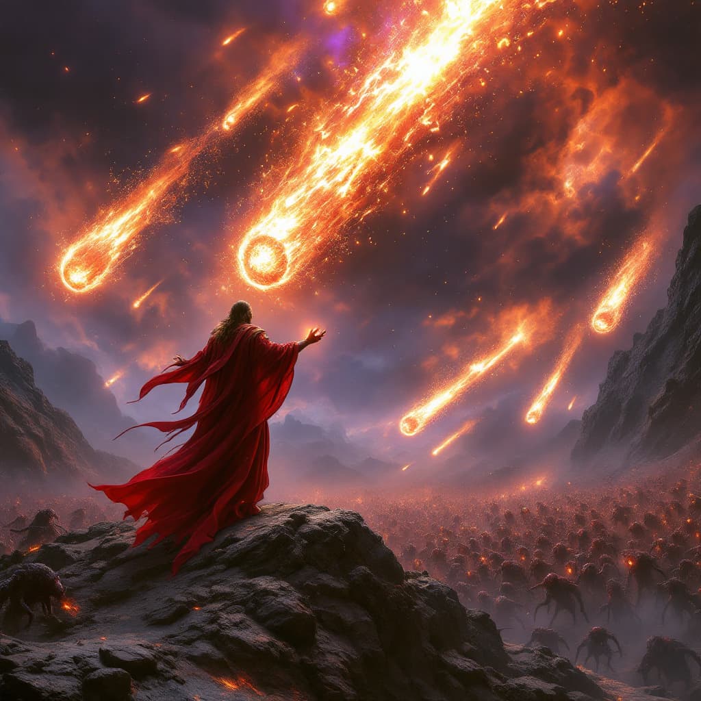 AI generated: A powerful archmage in flowing crimson and gold robes stands atop a craggy cliff [dramatic pose], ar...