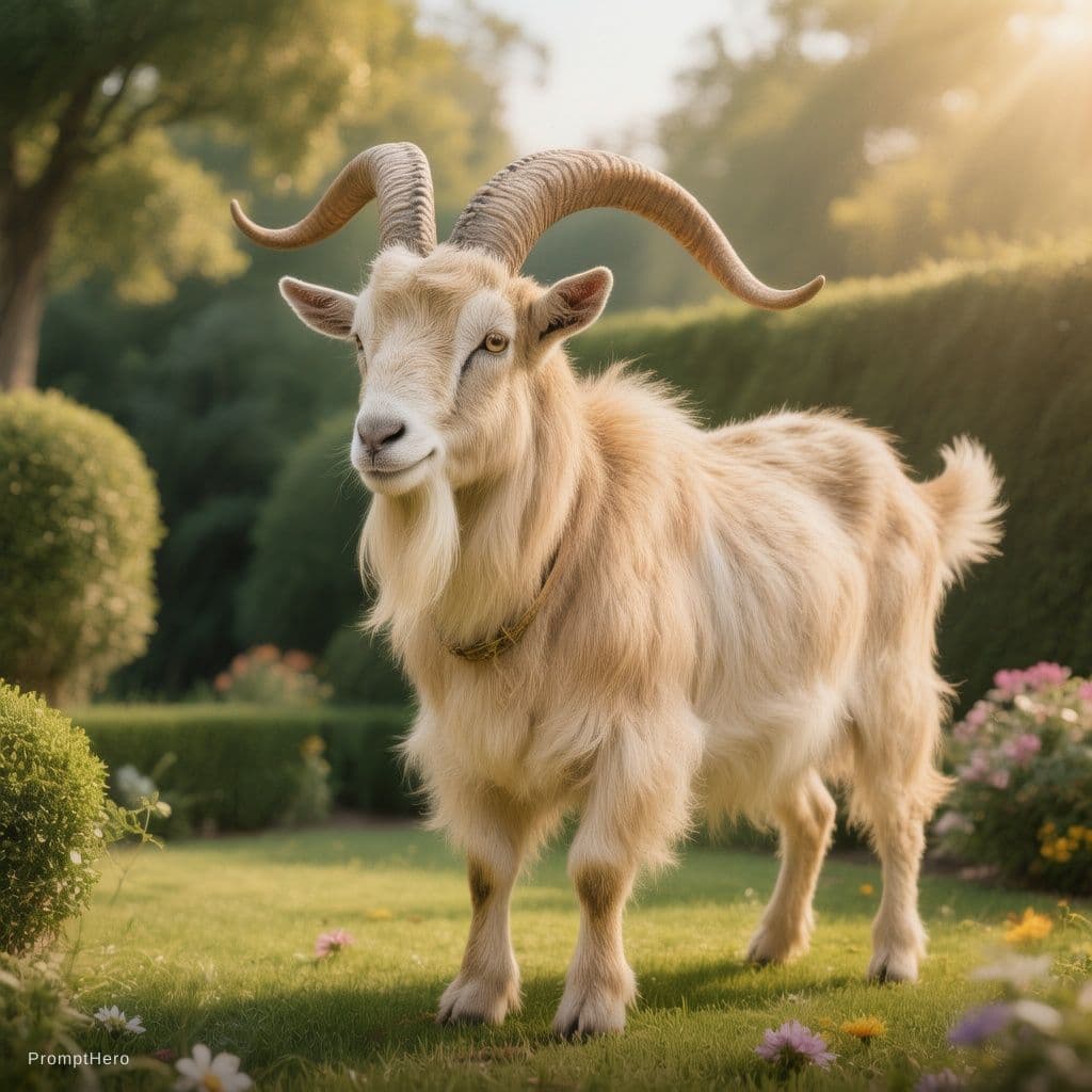 AI generated: “Beautiful bakra standing in a clean green garden with minimal flowers, lush grass, trimmed bushes, ...