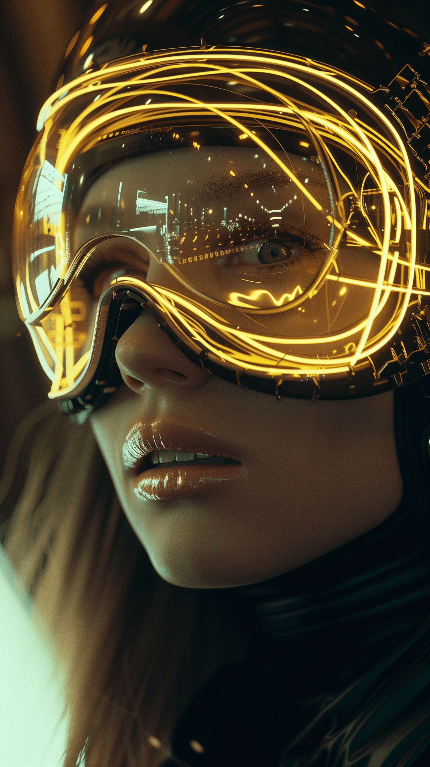 AI generated: woman wearing a cyberpunk style shiny gold helmet with robotic features, the reflection on her face ...