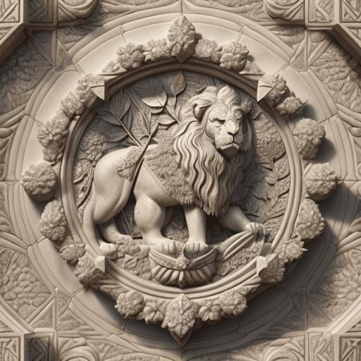 AI generated: A stone botanical  illustration realistic Winged Assyrian lion, symmetrical, style of William Morris...