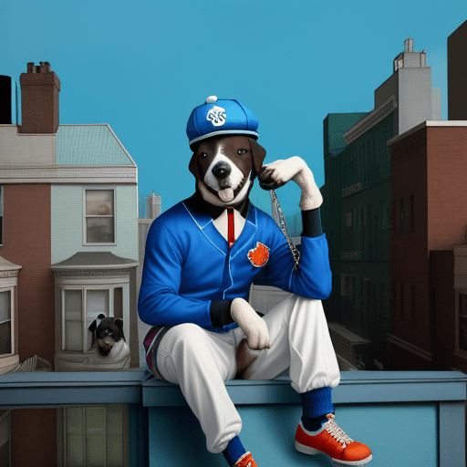 AI generated: a dog wearing a baseball cap, sitting on top of a building overlooking a small blue house in new yor...