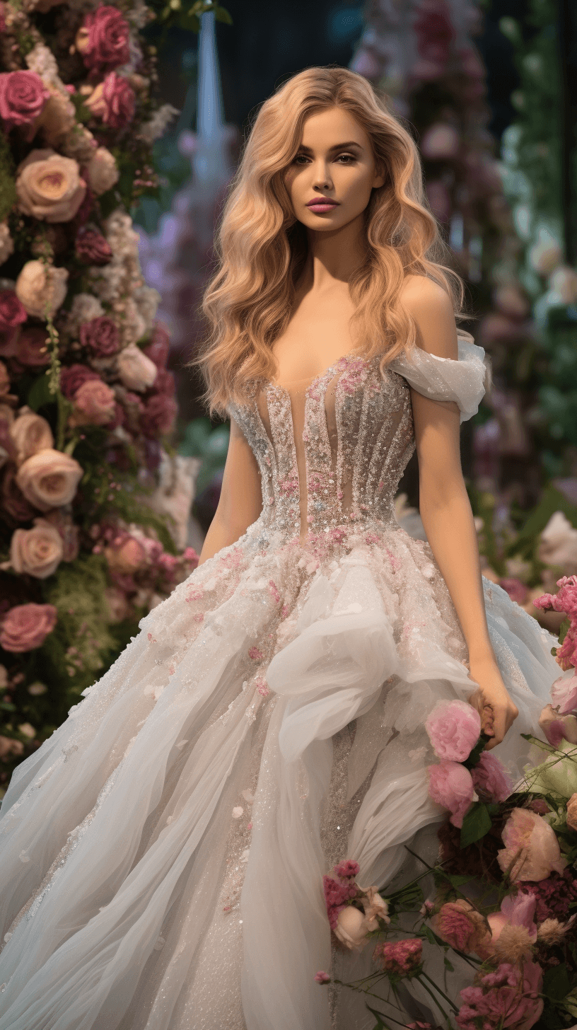 AI generated: Cinderella's dress, a resplendent creation of pearlescent white fabric adorned with shimmering sequi...