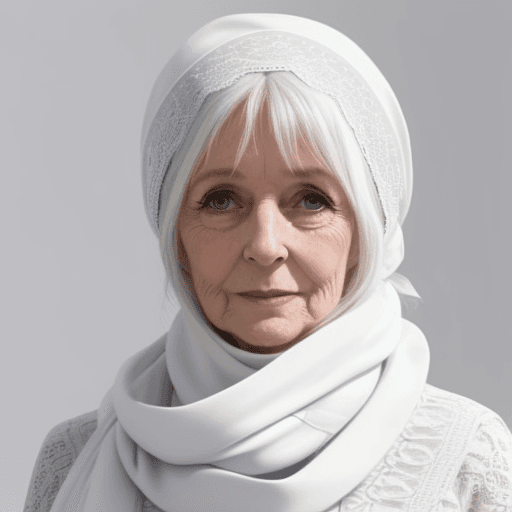 AI generated: une femme âgée de 70 ans, v^étue en blanc, avec un foulard blanc sur la tête 