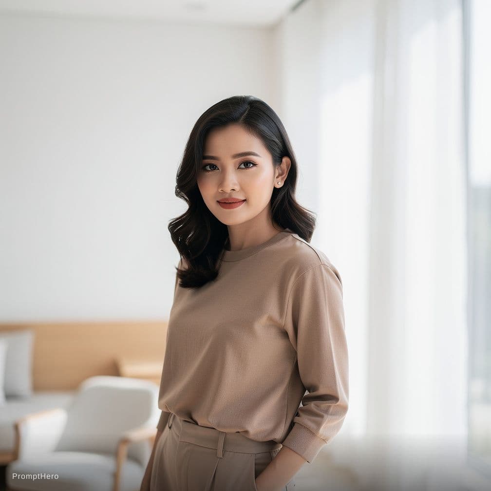 AI generated: A photograph of an Indonesian woman posing indoors in a minimalist room with natural light.