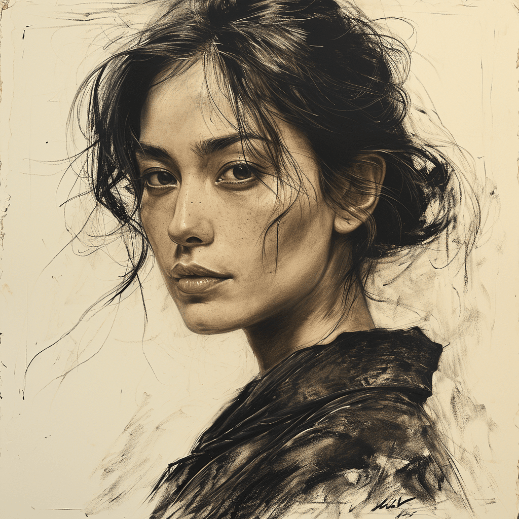 AI generated: charcoal drawing by Odilon Redon, sketch portrait, face only, an absolutely gorgeous petite Japanese...