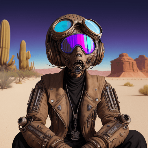 AI generated: alien character wearing goggles while sitting in the desert, in the style of steampunk imagery, real...