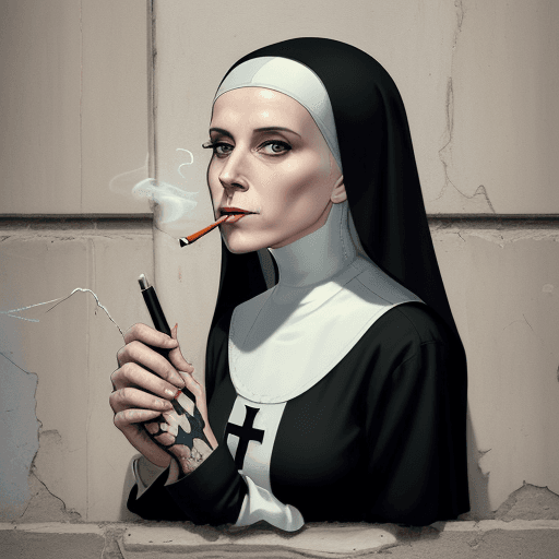 AI generated: a painting of a nun smoking a cigarette, style of banksy, religious art,  art, nun, banksy graffiti,...