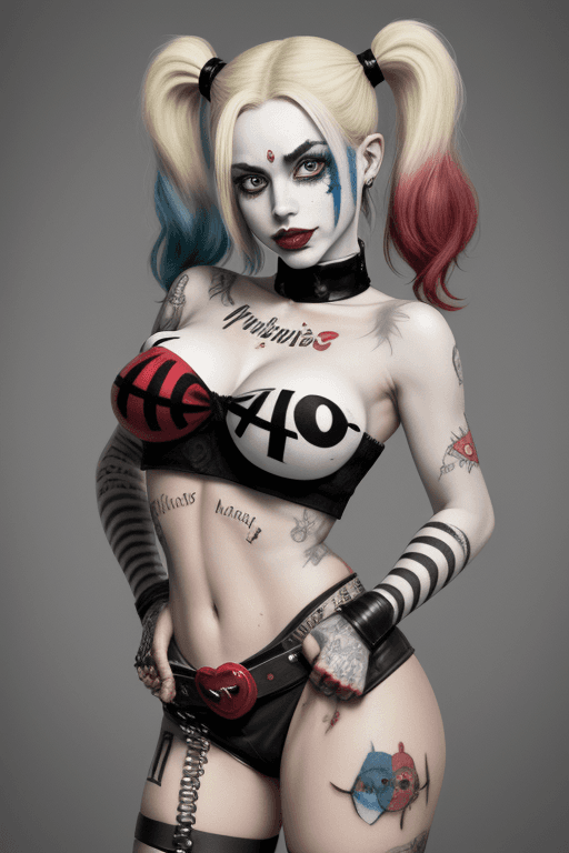 AI generated: harley quinn, con muñeco de arlequin, espeluznante, ira, sable, tatuajes (no cara), cara limpia y bi...