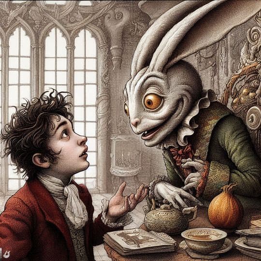 AI generated: Illustration, Whimsical and fantastical depiction of Jules conversing with a rabbit’s head in a surr...