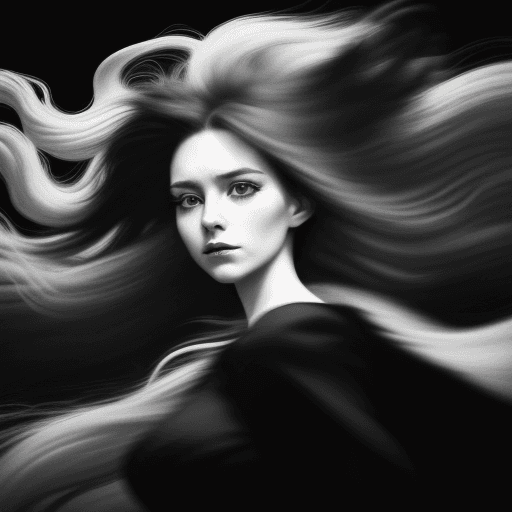 AI generated: a woman with long wild hair on a windy day, in the style of toy camera effects, haunting elegance, f...