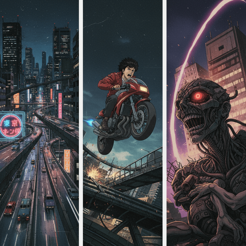 AI generated: Create aesthetic anime screengrab frames in the style of Akira, directed by Katsuhiro Otomo, capturi...