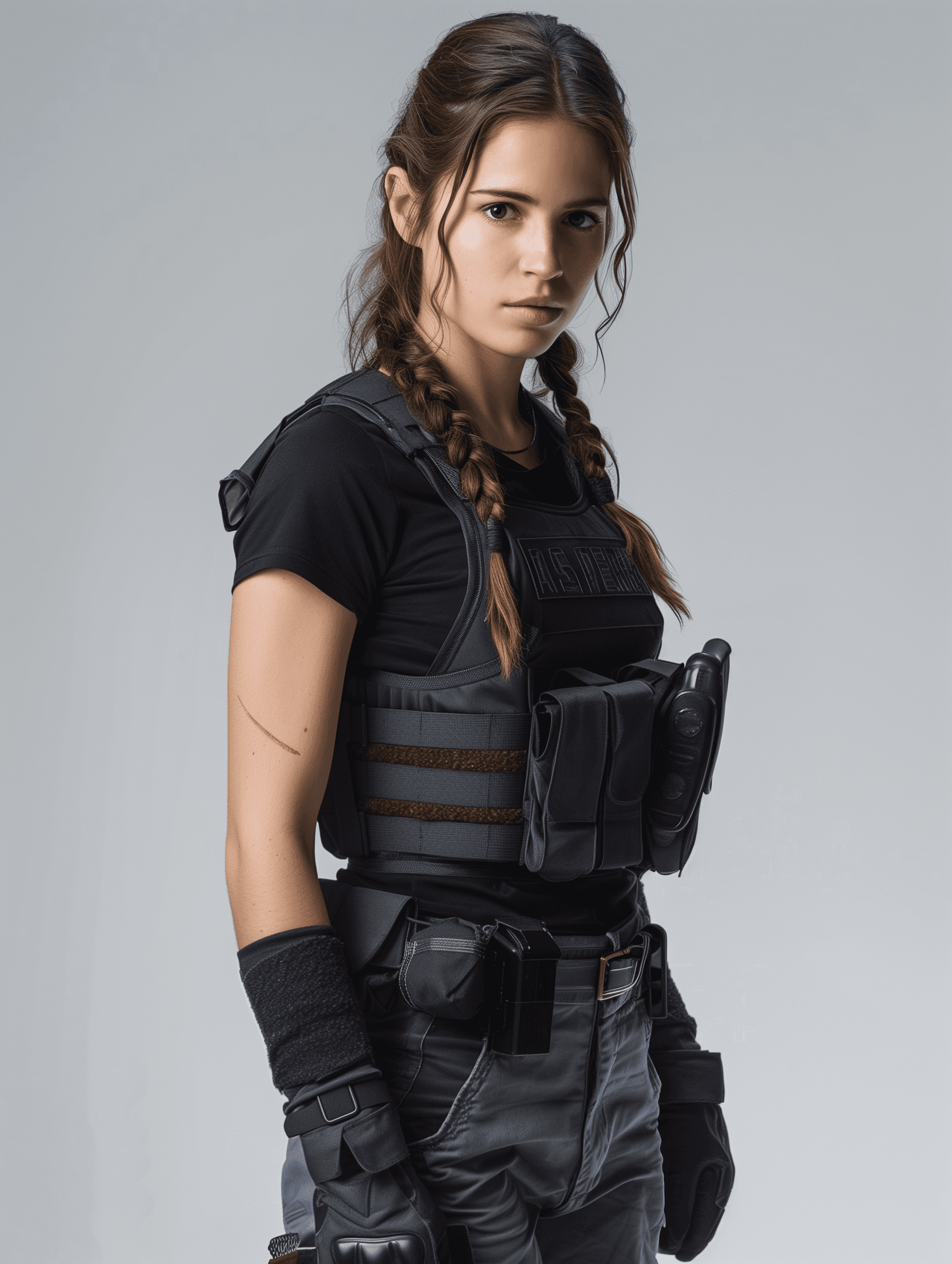 AI generated: photo of a slim, tall 29-year-old woman with long brown hair in a braid and a seriouus expression, w...