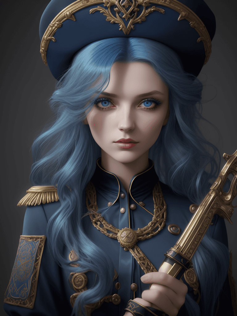 AI generated: Vladilena Milize, blue hair, long hair, with a brilliant, shine hair and glow, navy hat, clothes ent...