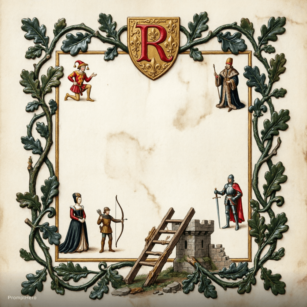 AI generated: A 14th century codex style picture, framed in mixed media, with very small figures in various poses,...