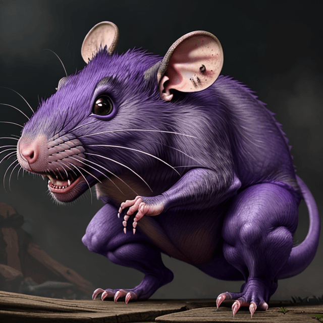 AI generated: front view of a prehistoric, wild, ugly, scary, giant violet rat, 8k