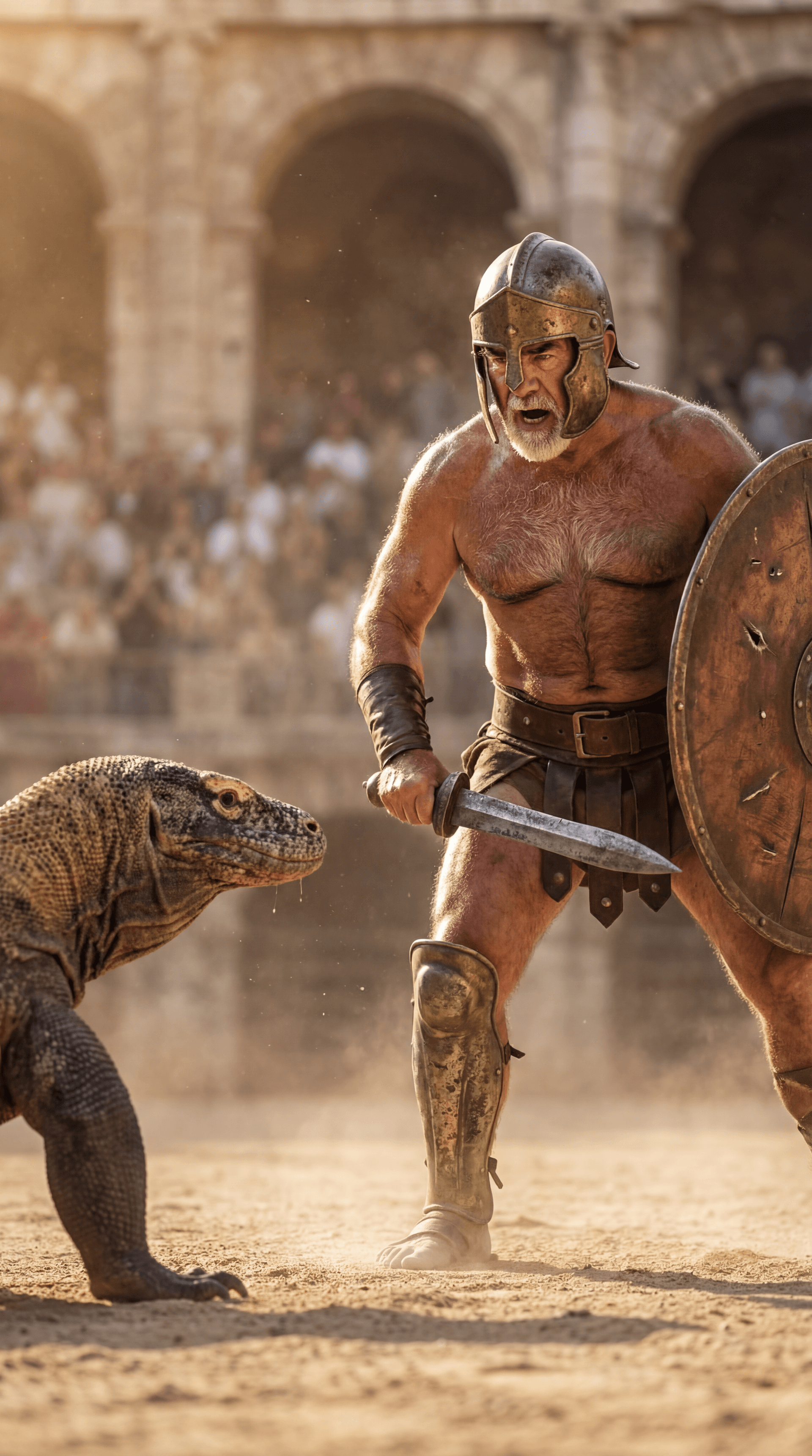 AI generated: Ultra-realistic documentary-style photography inside the Roman Colosseum.
CAMERA ANGLE: very low san...