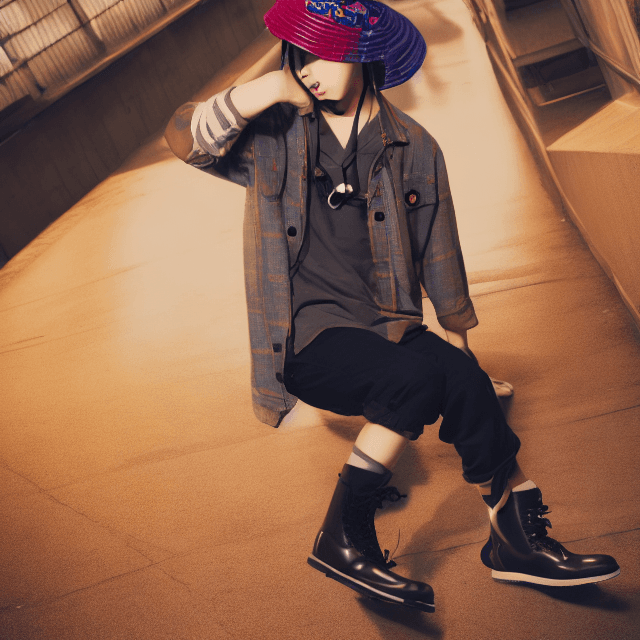 AI generated: cute anime boy wearing a bucket  hat and Dr 
Martins boot, funko, 8k uhd, cinematic lighting, stunni...