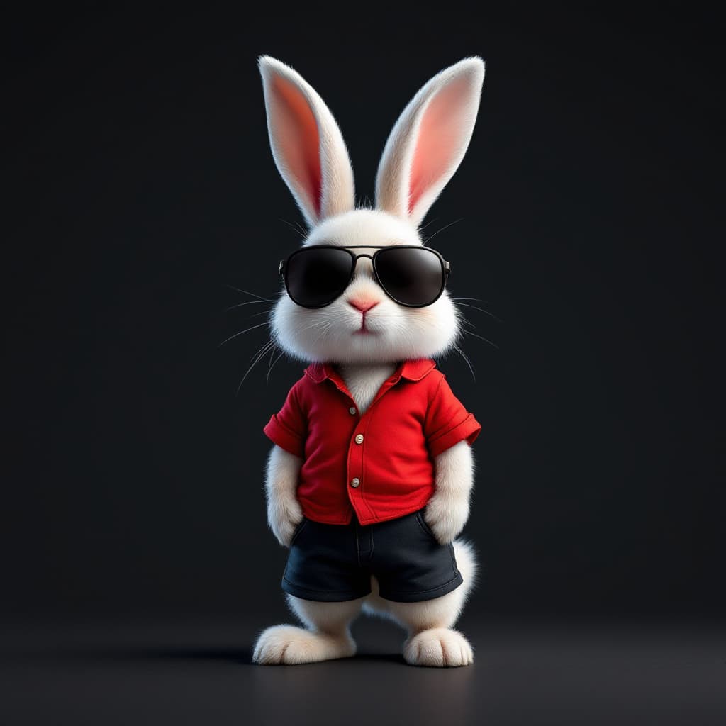 AI generated: A 4k resolution full image of a rabbit standing on a dark contexted surface, wearing a red shirt, bl...