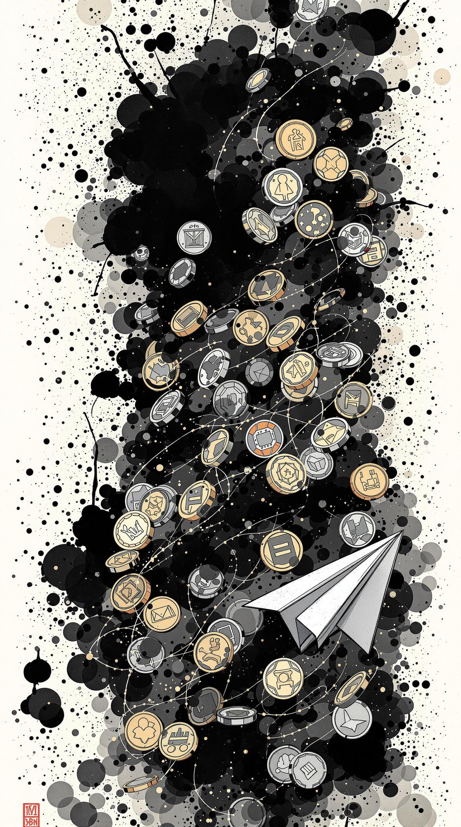 AI generated: Omamori，Coins, paper airplane, detailed,full-body shots,ink style,Ink splash art on the background,i...