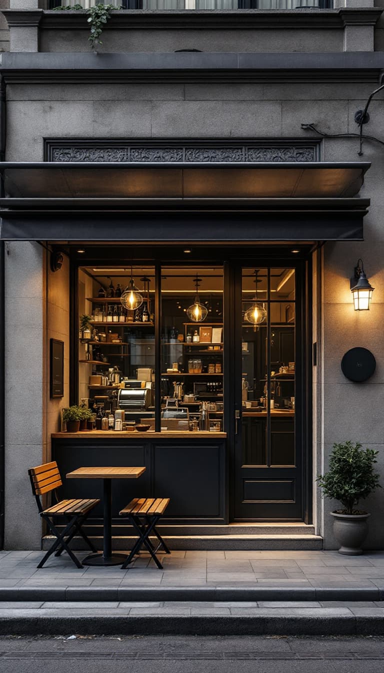 AI generated: detailed image, cafe store front, modernism and minimalism, the overall image should be sharp