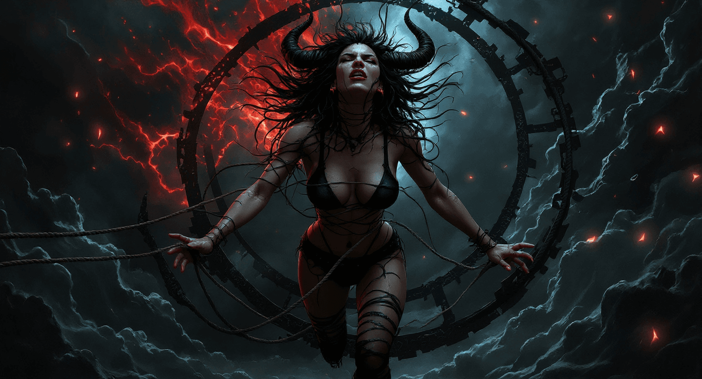 AI generated: The female demon has moved her hands and feet slightly by the ropes