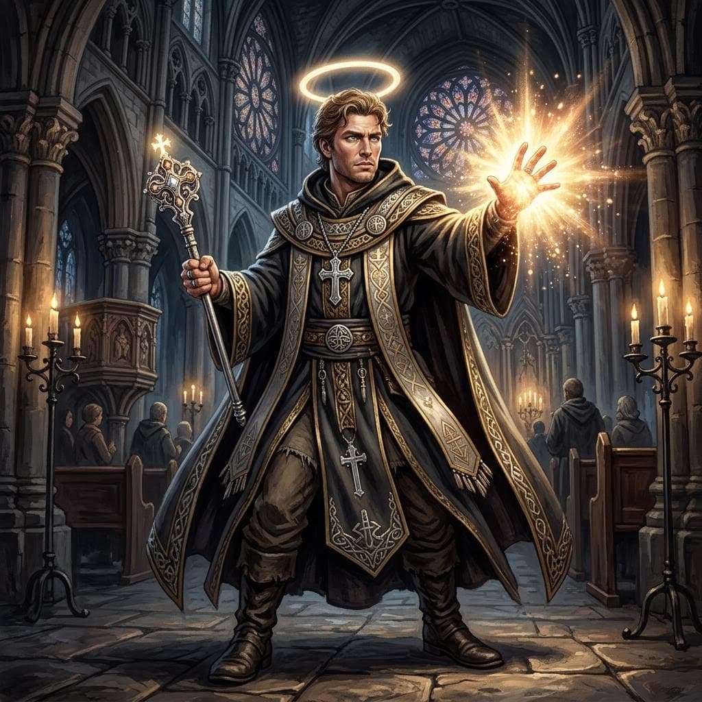 AI generated: a medieval priest in robes, with a translucent halo, chiseled facial features, wavy light brown hair...