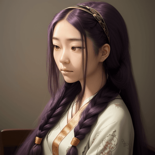 AI generated: A woman with long deep purple hair styled in a side braid and adorned with modest hair accessories. ...