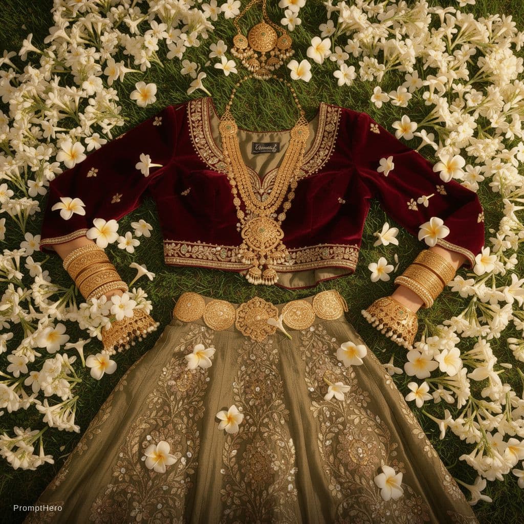 AI generated: A luxurious traditional Indian ethnic setup for a festive photoshoot, lush thick green grass carpet ...
