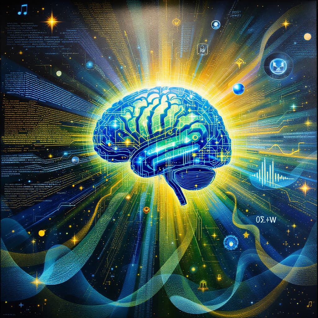 AI generated: photo of a mural depicting a central digital
brain with glowing blue and green circuits,
its sleek m...