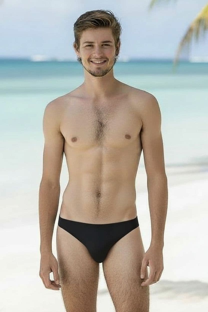 AI generated: Make bulge in front of swimsuit hang down twice as far and Make bulge in front of swimsuit twice a w...