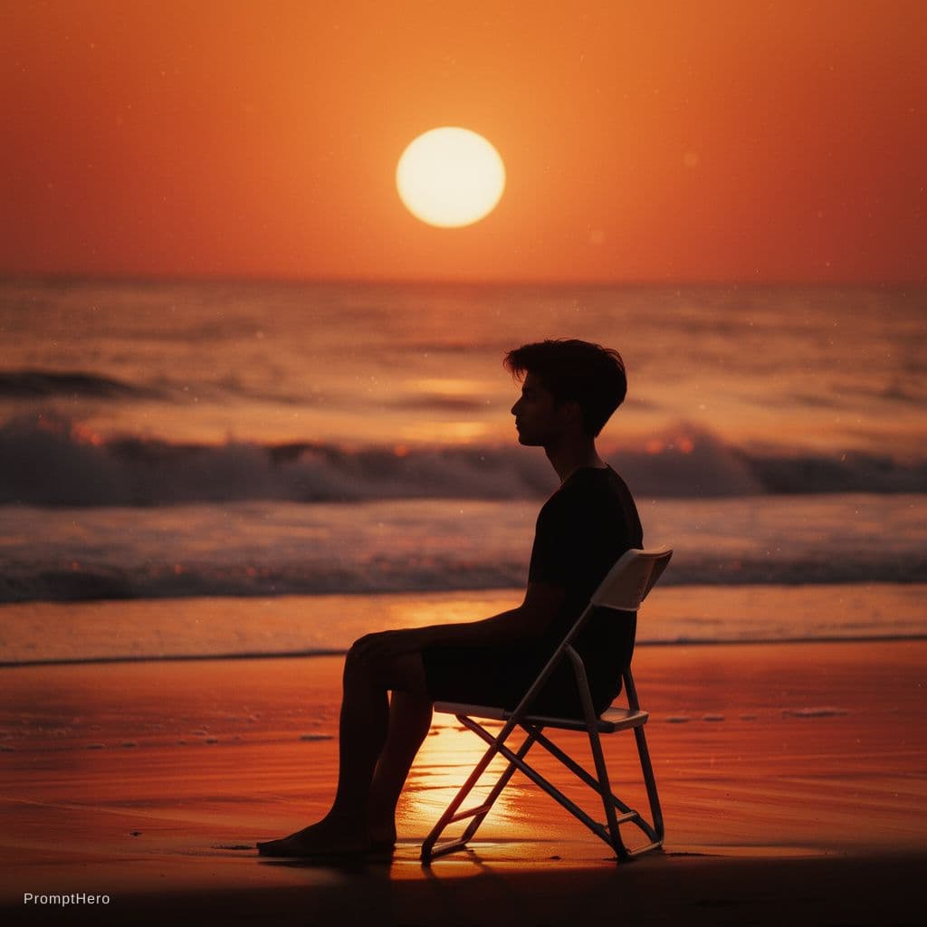 AI generated: cinematic seascape, warm color grading, long-lens compression, straight horizon, large sun near uppe...