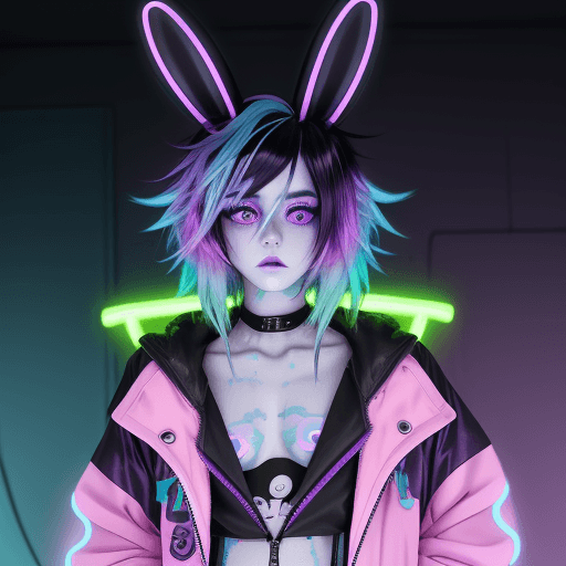 AI generated: anime, femboy, neon blue hair, voluminous hair, vivid neon purple eyes, neon blue eyelashes, kawaii,...