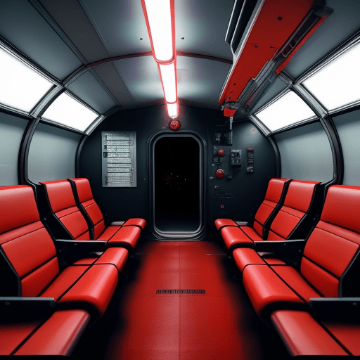AI generated: imagem dentro duma estação espacial onde se ve um alarme vermelho apitando

