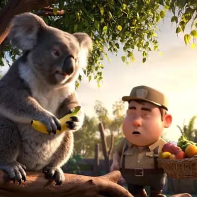 AI generated video: A Realistic and cinematic, generate an amazing video of an **angry koala bear throwing 2 bananas bac...