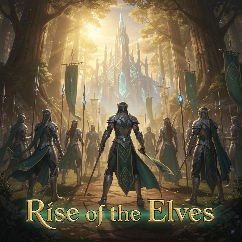AI generated: Add text to this image "Rise of the Elves" at the bottom of the Image in color and font appropriate ...