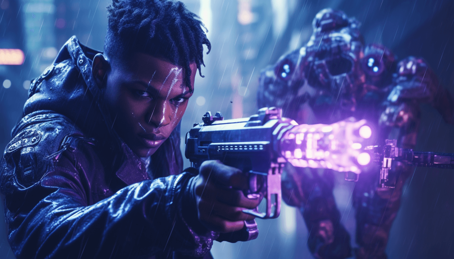 AI generated: high quality action shot of a yung man fighting using guns against futuristic robot in a cyberpunk c...