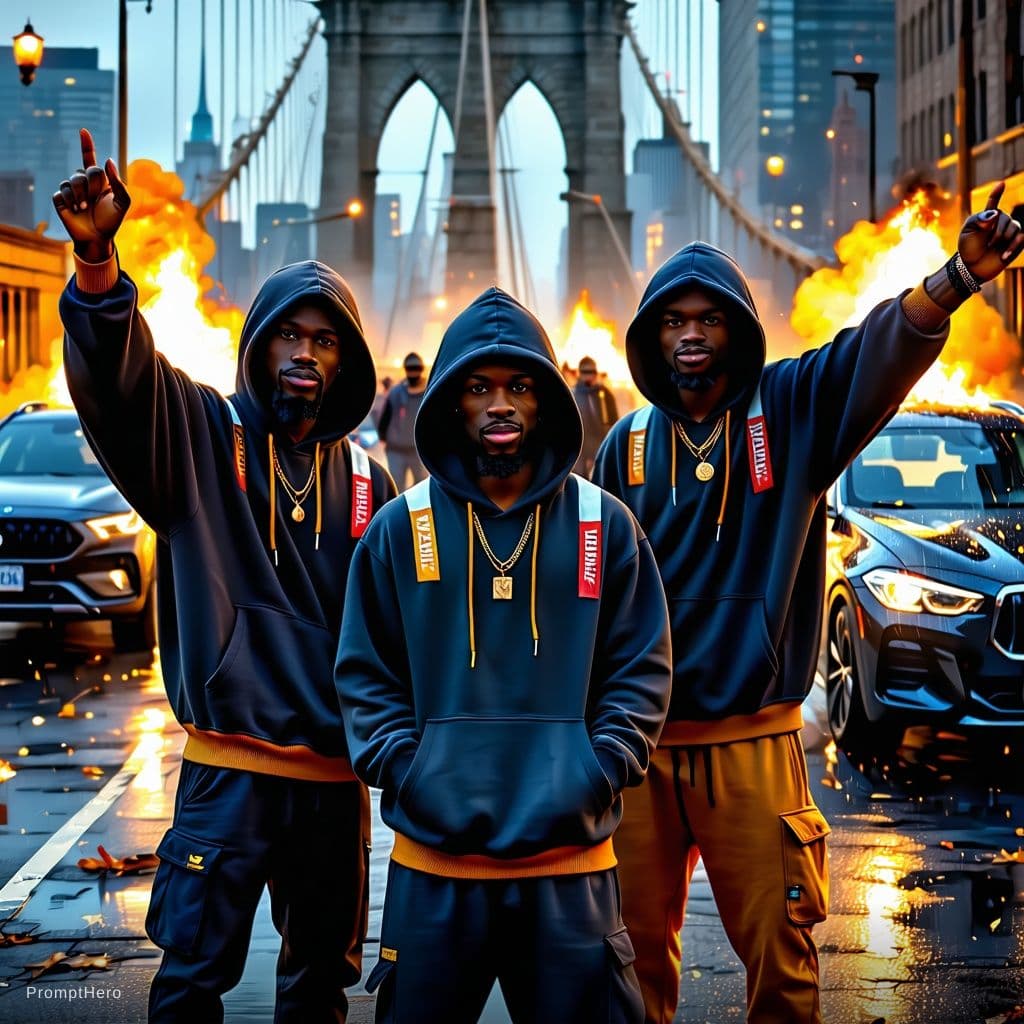 AI generated: a mob of black hip hop men wearing hoodies and hip hop gear, make 4 friends as their leader  they're...