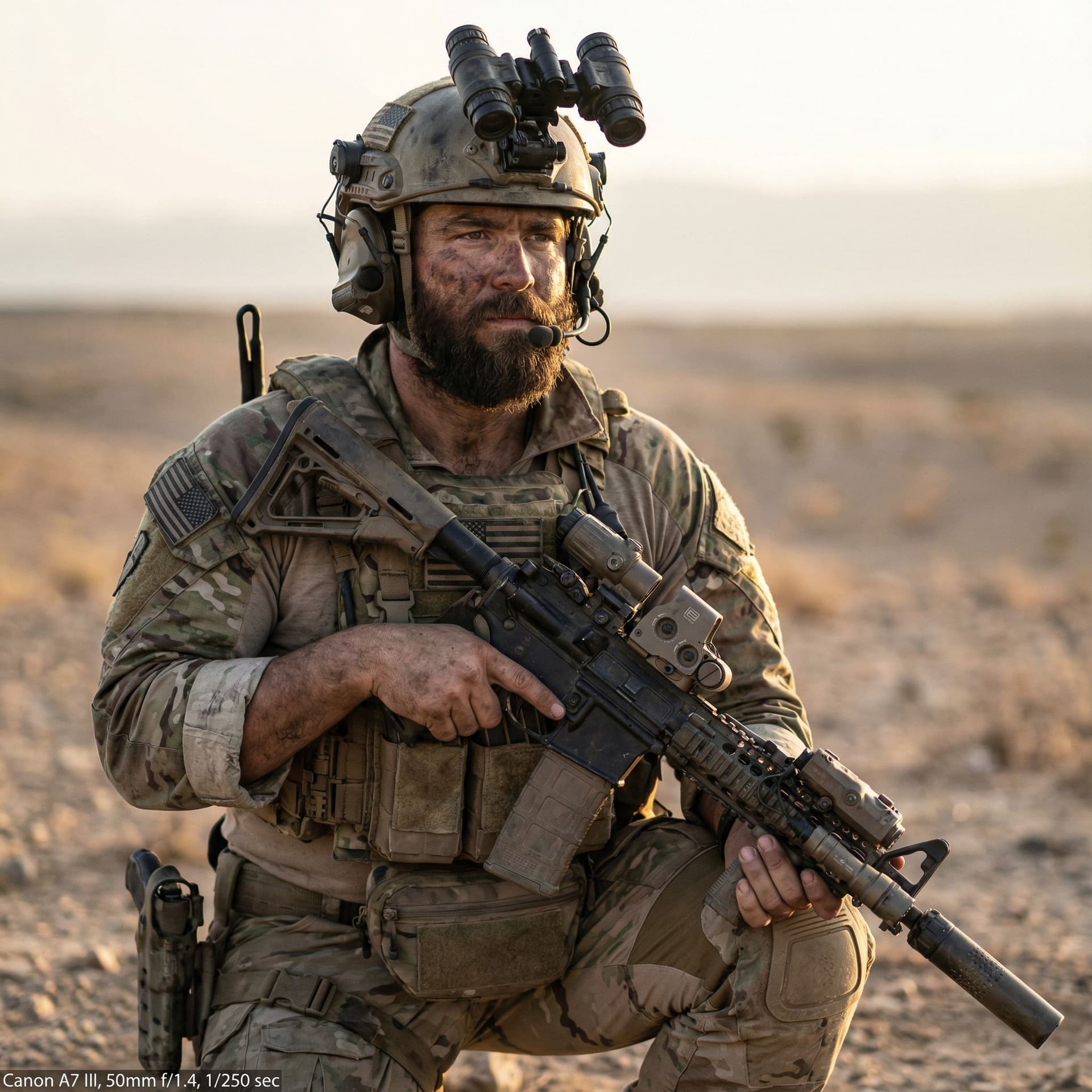 AI generated: SEAL Team Six Operator, shot on a Canon A7 III, hyper-realistic --chaos 75 --ar 1:2 --stylize 750