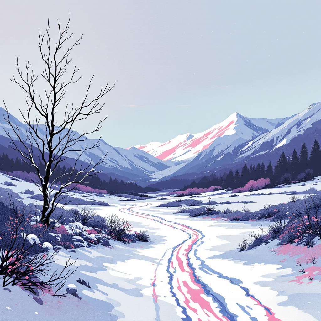 AI generated: Flat illustration, line art, Types of Minimalists, a female artist painting, Tsutomu Nihei, purple l...