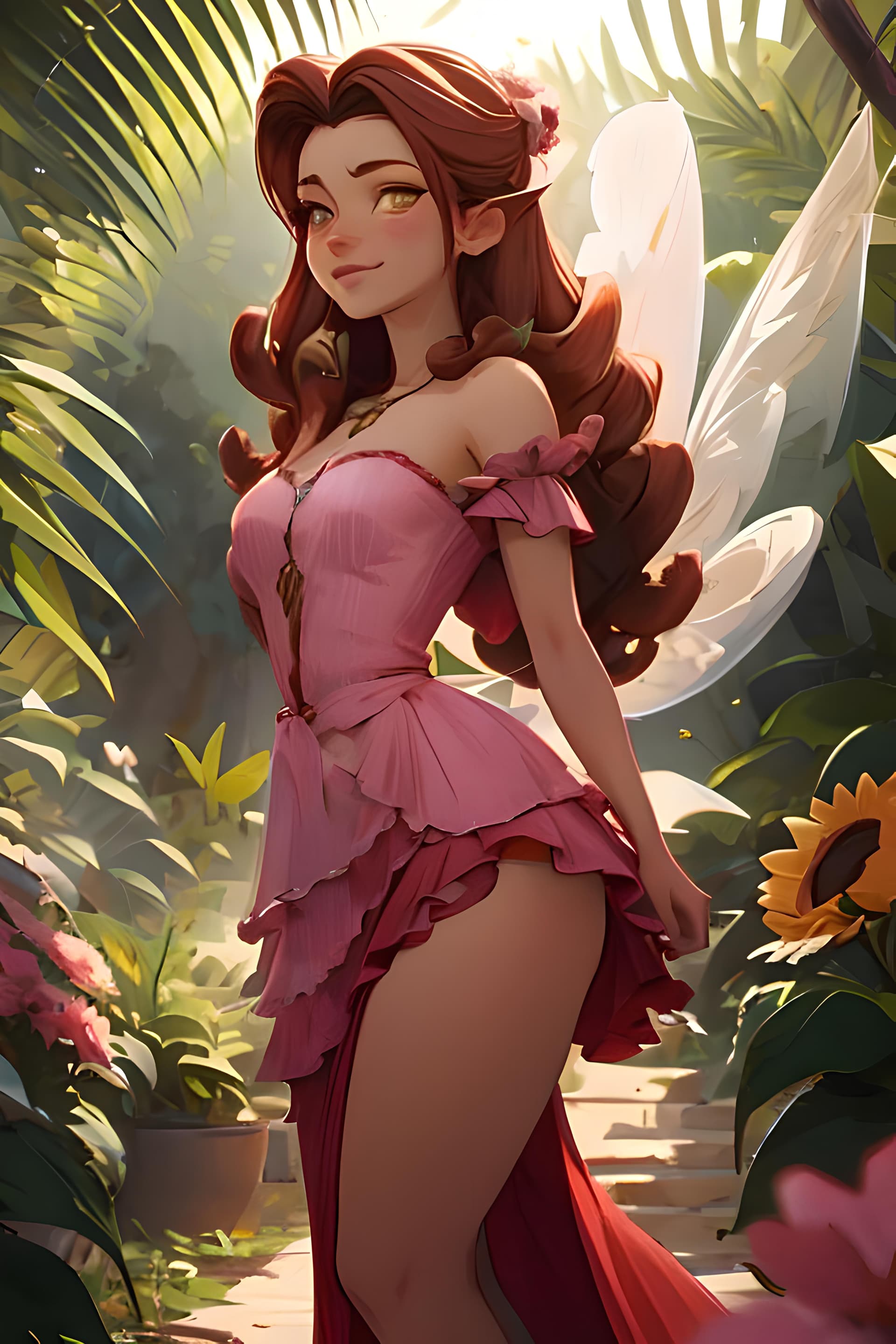 AI generated: a woman in a pink dress standing in a garden, inspired by rossdraws, fantasy art, artgerm and gil el...