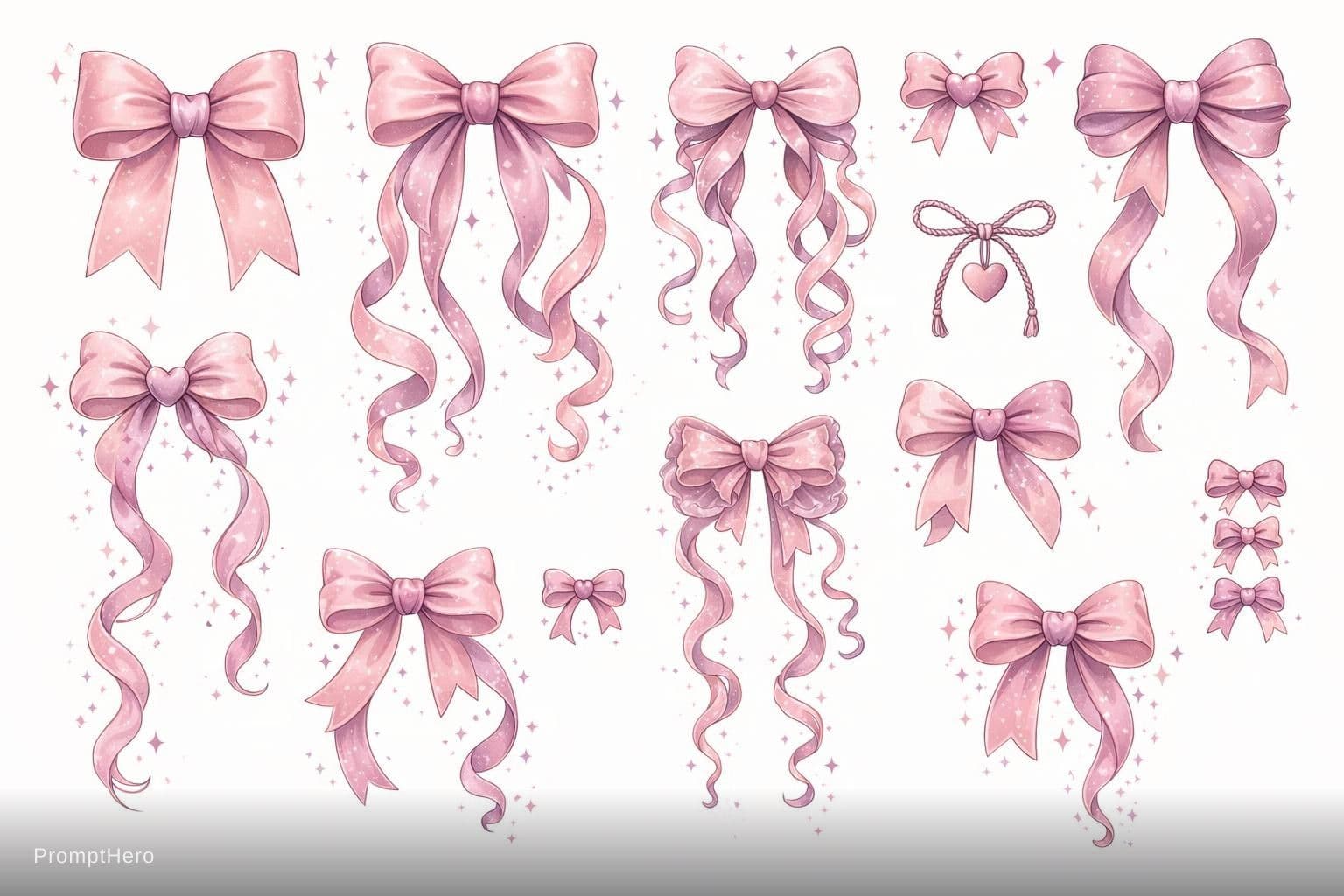 AI generated: High-end coquette ribbon bows collection, precisely 10 unique designs on clean white background, thi...